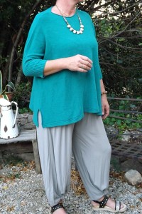 PULL TRAPEZE LEO VERT BLEU ET PANTALON VICTOR TAUPE