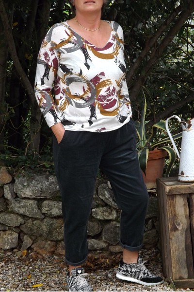 PANTALON VELOURS RAS BASILE ANTHRACITE ET PULL PABLO
