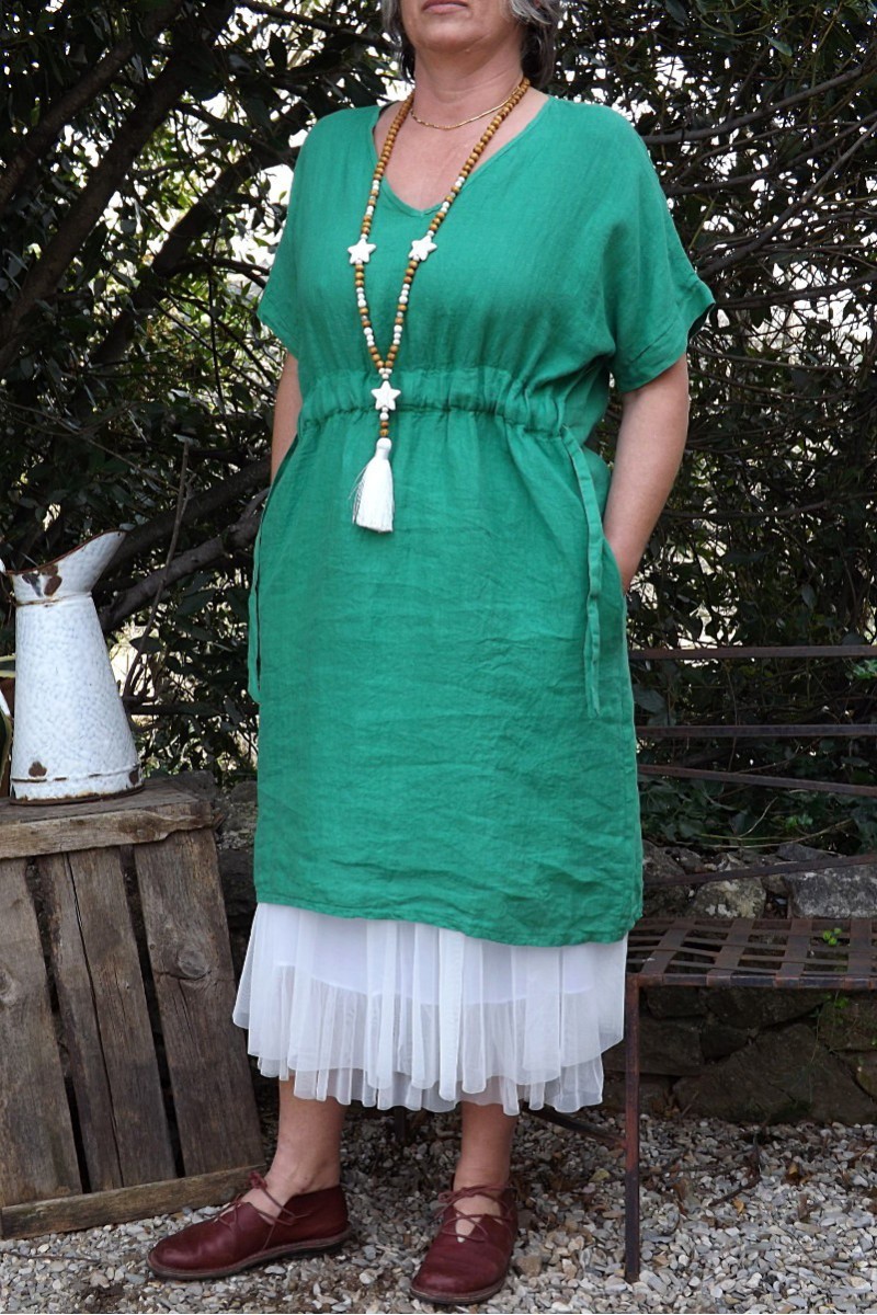 ROBE LIN ELISE VERT MENTHE ET JUPON FLORENT BLANC