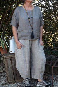 PANTALON BI MATIERE LIN COTON CHARLES BEIGE ET TOP LUCAS