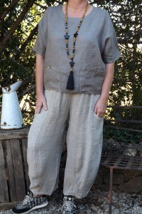 PANTALON BI MATIERE LIN COTON CHARLES BEIGE ET TOP LUCAS