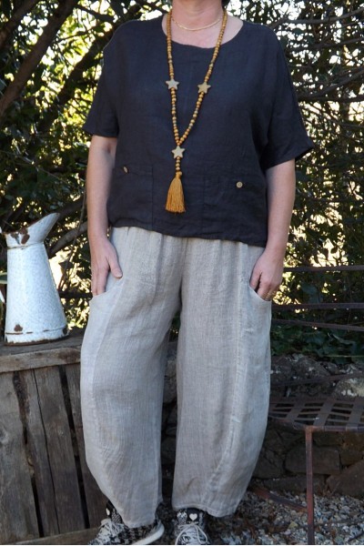 PANTALON BI MATIERE LIN COTON CHARLES BEIGE ET TOP LUCAS
