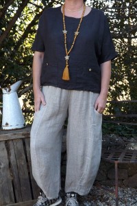 PANTALON BI MATIERE LIN COTON CHARLES BEIGE ET TOP LUCAS