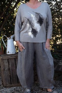 PANTALON BI MATIERE LIN COTON CHARLES TAUPE ET T SHIRT PLUME