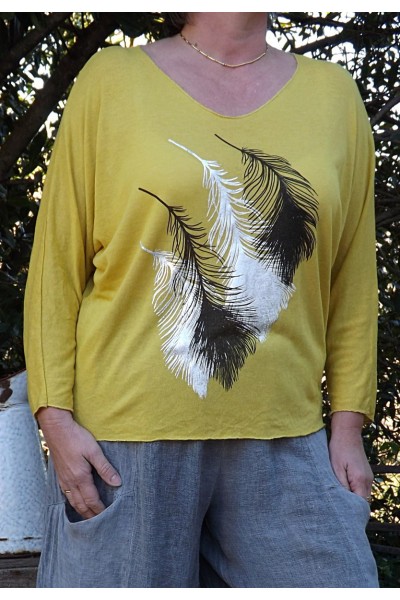 T SHIRT PLUME JAUNE PRINTEMPS
