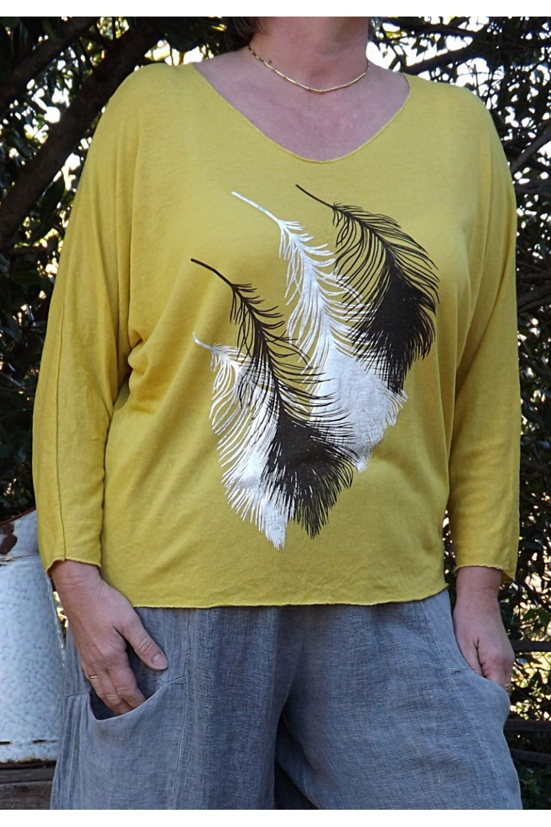 T SHIRT PLUME JAUNE PRINTEMPS