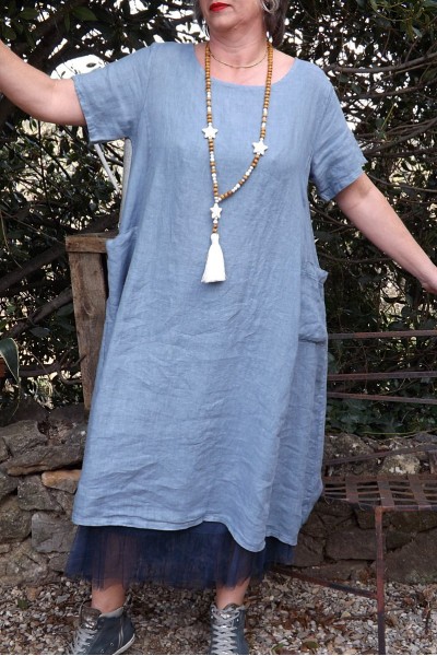 ROBE EN LIN AGNES BLEU INDIEN ET JUPON FLORENT