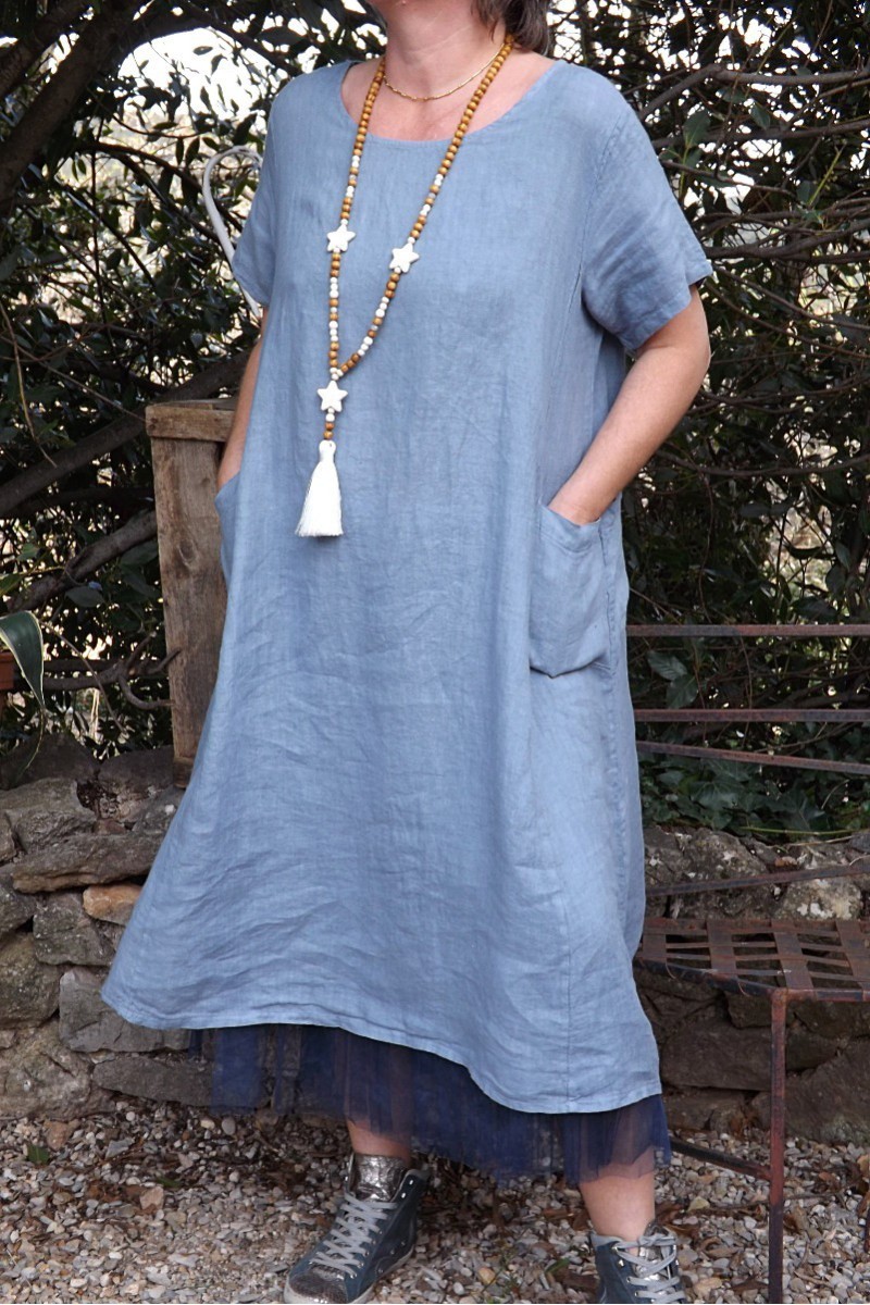 ROBE EN LIN AGNES BLEU INDIEN ET JUPON FLORENT