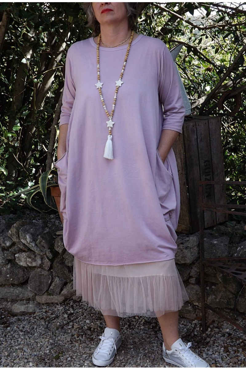 ROBE GRANDE TAILLE COTON ROMANE ROSE POUDRE, JUPON FLORENT ET SAUTOIR