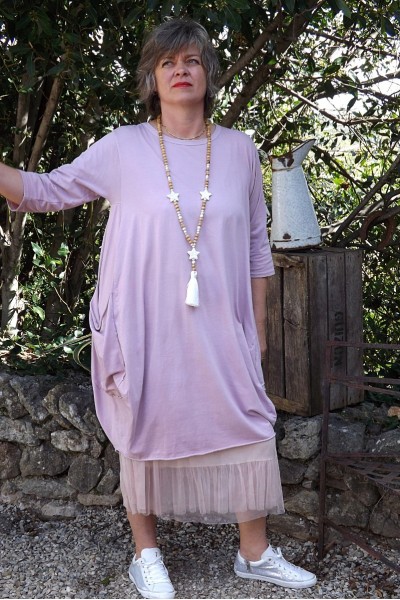ROBE GRANDE TAILLE COTON ROMANE ROSE POUDRE, JUPON FLORENT ET SAUTOIR