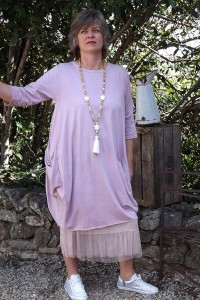 ROBE GRANDE TAILLE COTON ROMANE ROSE POUDRE, JUPON FLORENT ET SAUTOIR