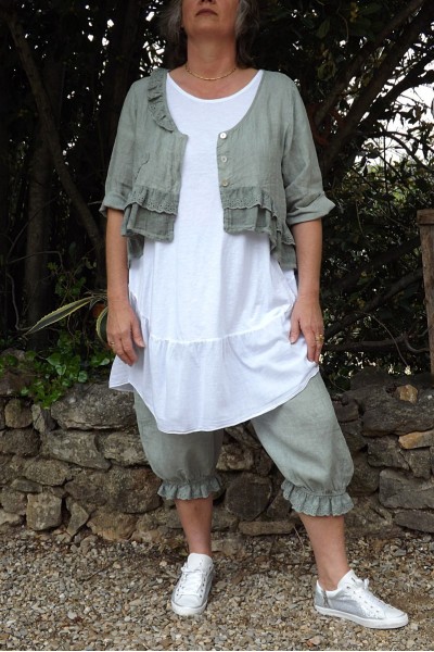 VESTE COURTE LIN CHLOE KAKI DELAVE , TUNIQUE SYLVIA ET PANTY JOSEPH