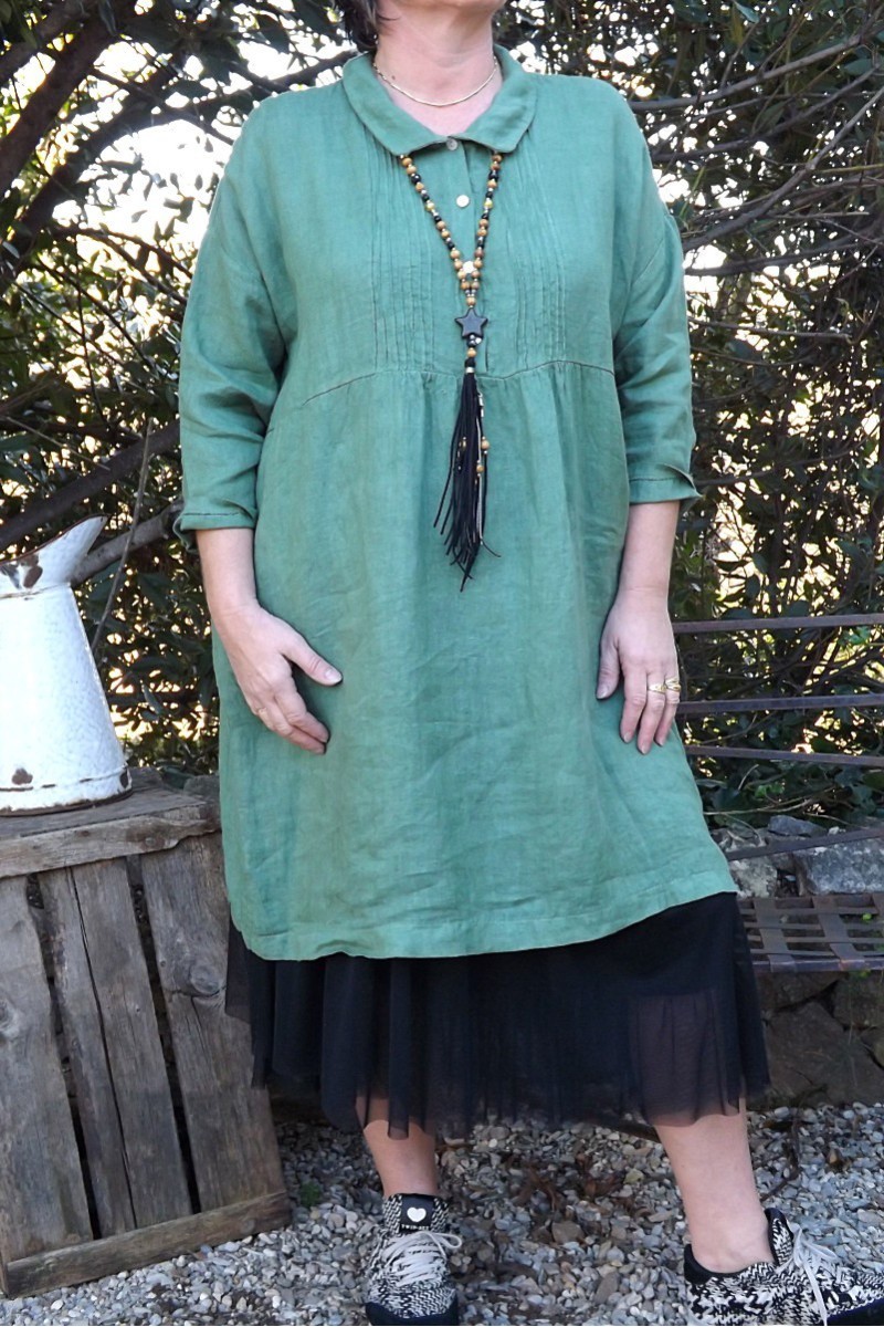 ROBE EN LIN ANTHEA VERT OLIVE , JUPON FLORENT ET SAUTOIR