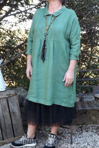 ROBE EN LIN ANTHEA VERT OLIVE , JUPON FLORENT ET SAUTOIR