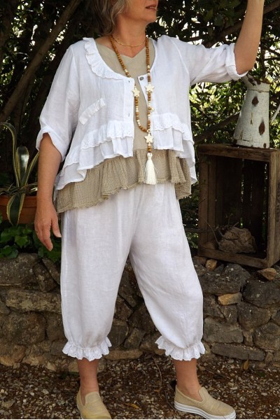 VESTE COURTE LIN CHLOE BLANCHE, PANTY JOSEPH ET TOP ARSENE