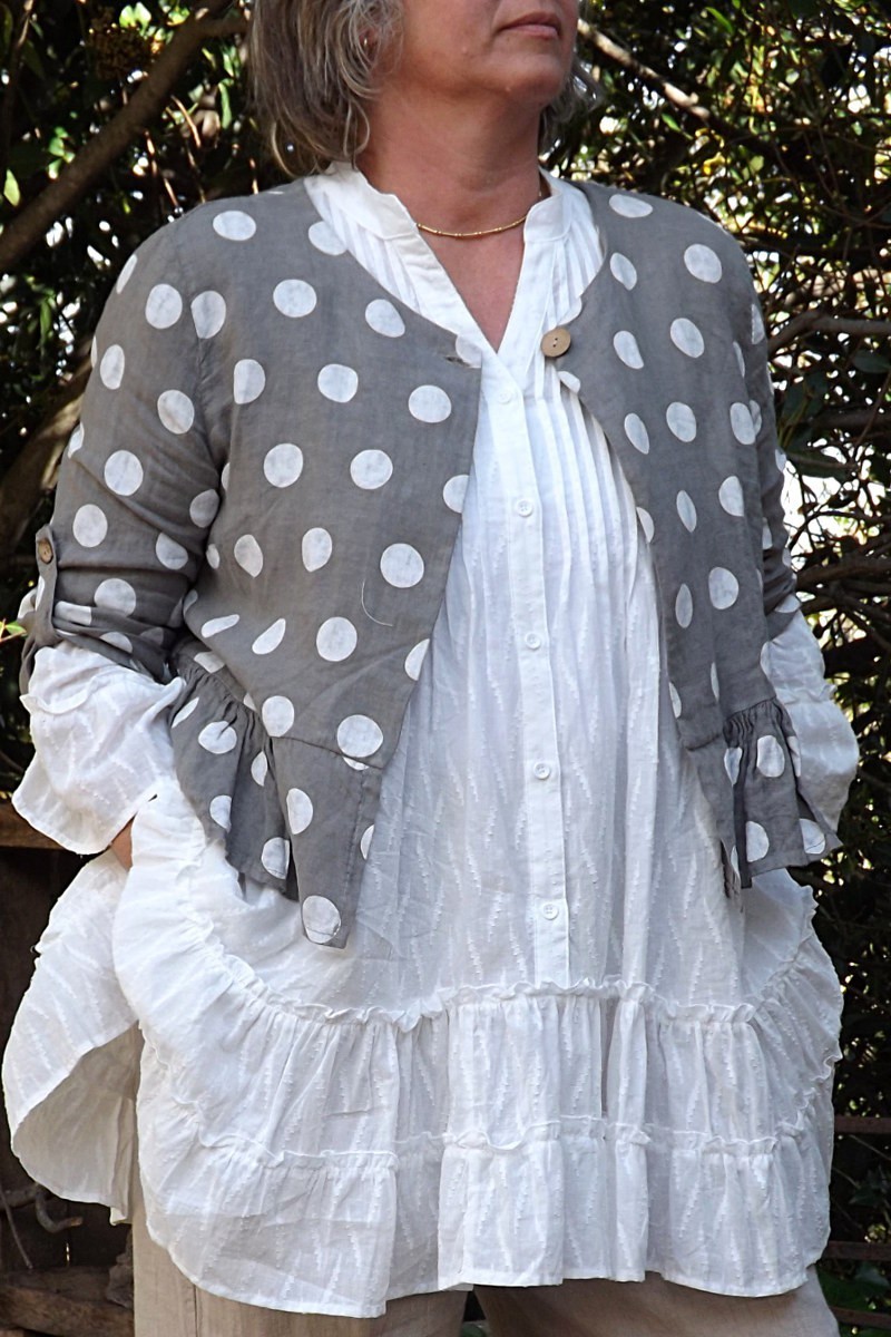 VESTE LIN IMPRIME POIS SUZON TAUPE ET TUNIQUE EUGENIE VESTE LIN IMPRIME POIS SUZON TAUPE ET TUNIQUE EUGENIE