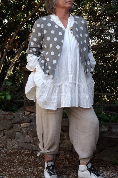 VESTE LIN IMPRIME POIS SUZON TAUPE, TUNIQUE EUGENIE ET PANTALON CESAR