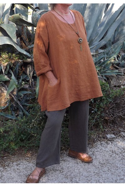 TUNIQUE LIN EPAIS GRANDE TAILLE LISA FAUVE ET PANTALON MARIUS