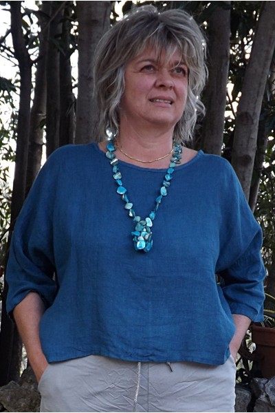 Top en lin Maxime bleu canard et jegging Gaston