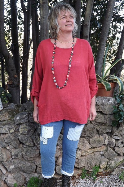 Top coton grande taille Léon framboise et pantalon Angus clair