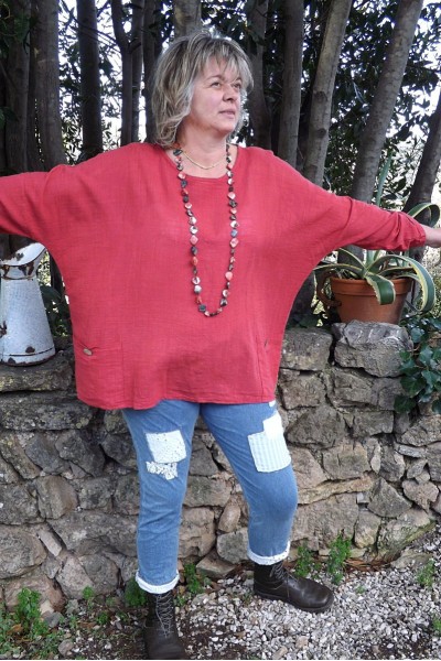 Top coton grande taille Léon framboise et pantalon Angus clair