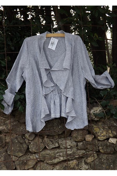 Veste courte lin Anais rayures anthracites et blanches