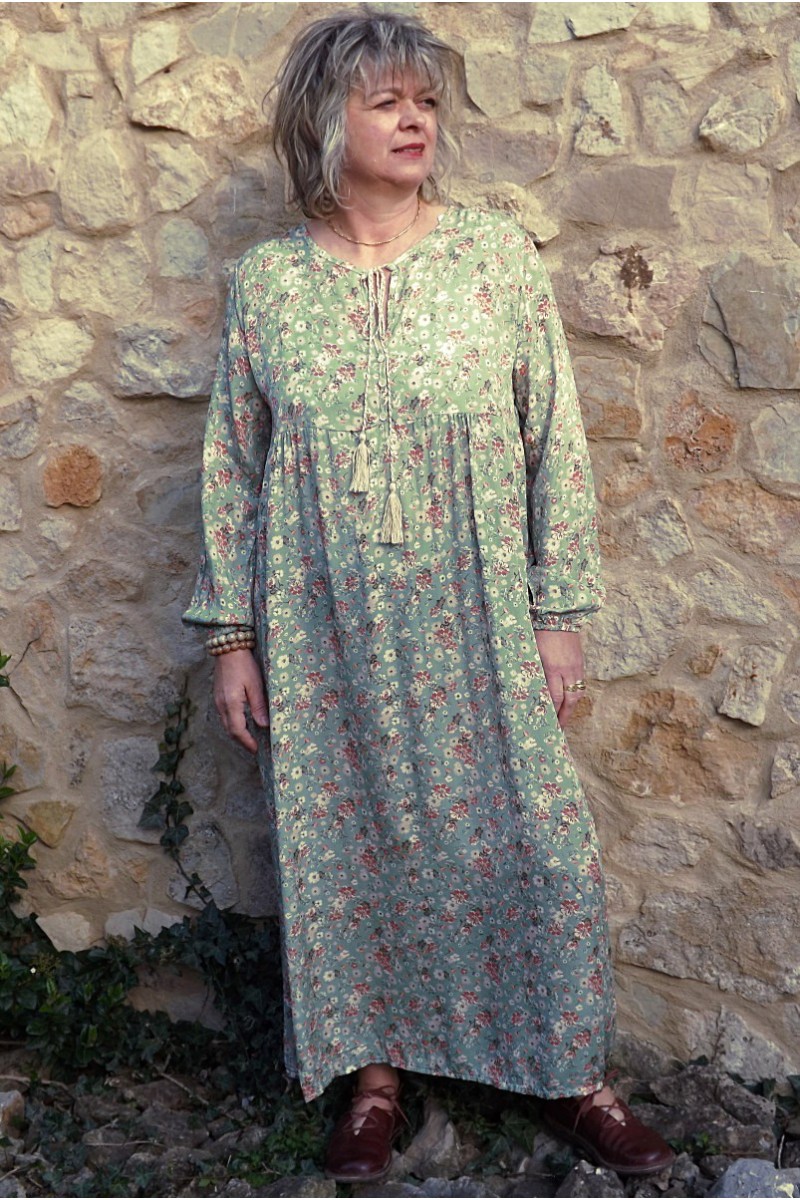 Robe longue Fernande imprimé fond jade Robe longue Fernande imprimé fond jade