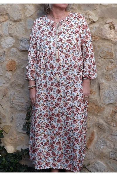 Robe longue Fernande imprimé sur fond écru