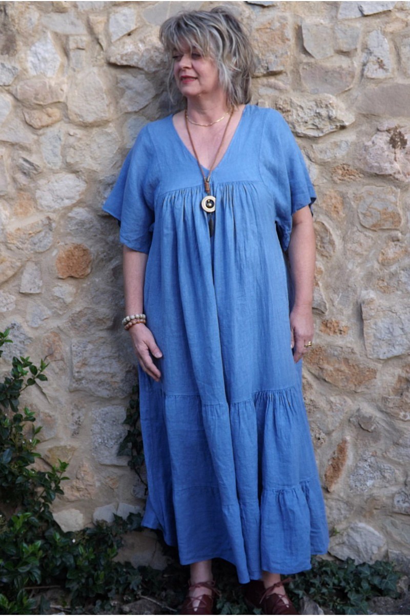 Robe longue lin Anastasia bleu céleste