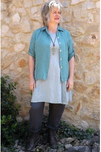 Chemise lin Albane vert eucalyptus, tunique Blandine et pantalon Gabriel lin