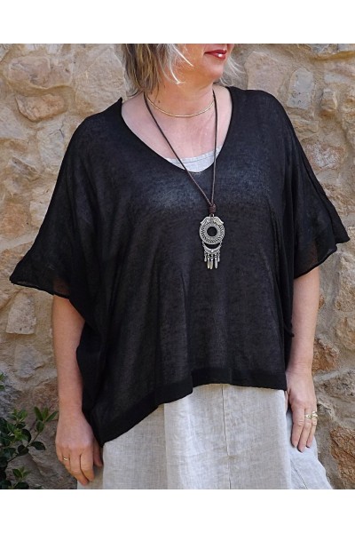 Top maille légère noir Barbara et robe lin Eurydis.