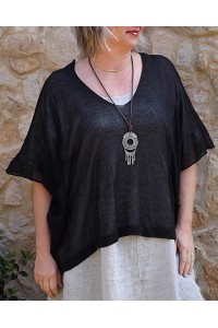 Top maille légère noir Barbara et robe lin Eurydis.