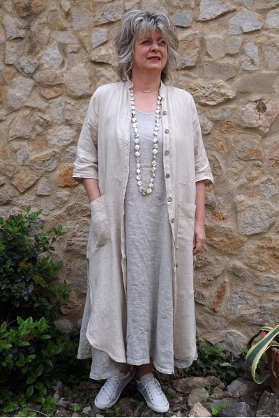 Veste longue en lin Aloïs beige et robe lin Diane