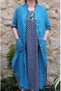 Veste longue en lin Aloïs bleu canard et robe lin Diane