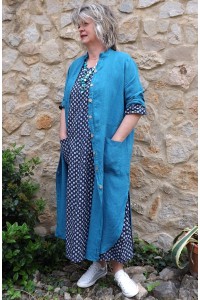 Veste longue en lin Aloïs bleu canard et robe lin Diane