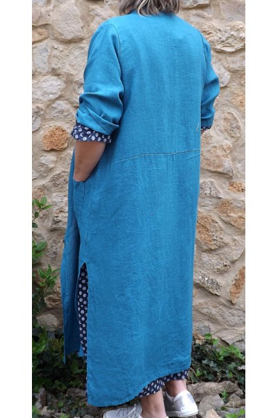 Veste longue en lin Aloïs bleu canard et robe lin Diane
