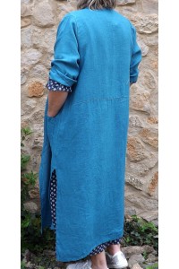 Veste longue en lin Aloïs bleu canard et robe lin Diane