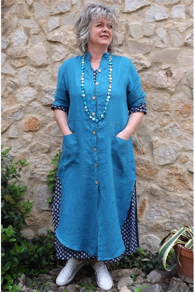 Veste longue en lin Aloïs bleu canard et robe lin Diane