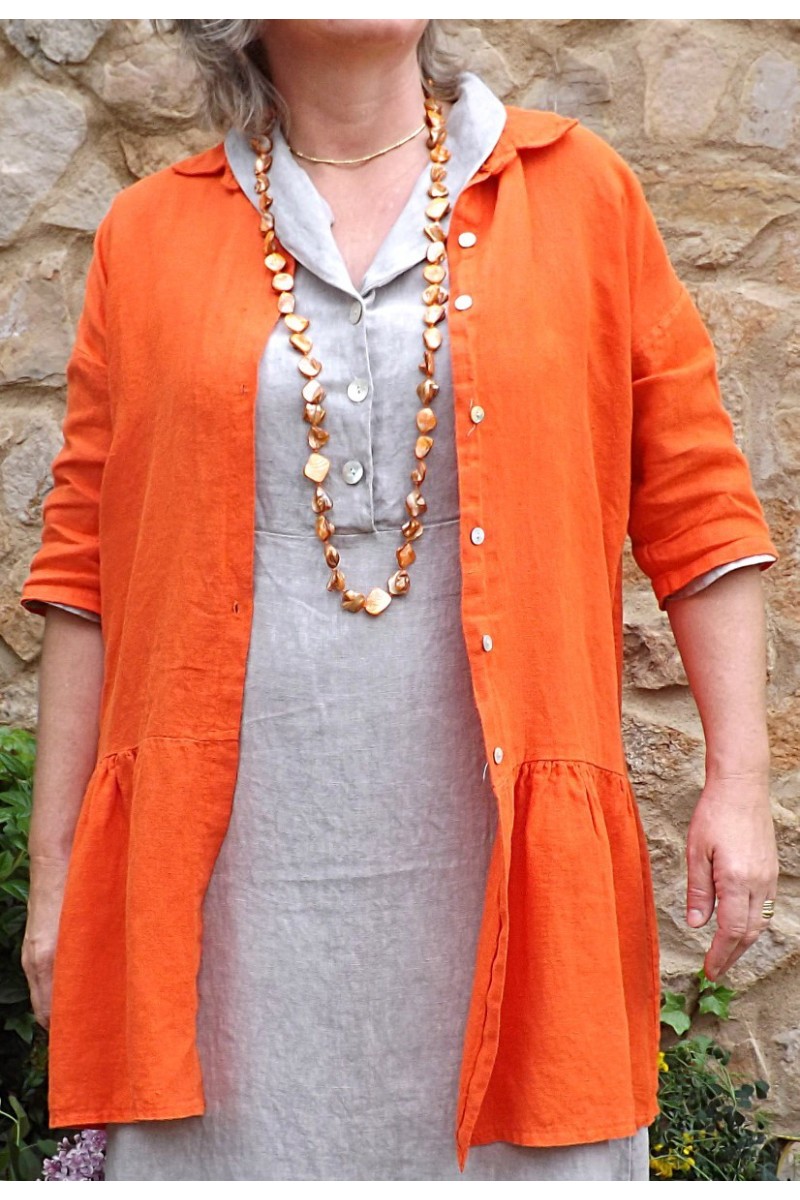 Veste en lin Garance orange et robe en lin Bérangère