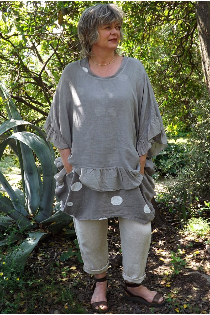 Tunique maille de lin grande taille taupe Lucine, tunique Josette et pantalon Gabriel