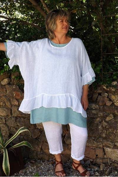 Tunique maille de lin grande taille blanche Lucine, Tunique Emma et pantalon Gabriel