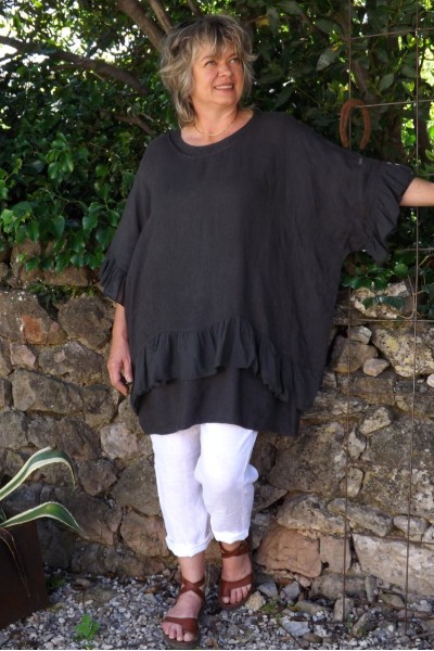 Tunique maille de lin grande taille gris anthracite Lucine et pantalon Gabriel.