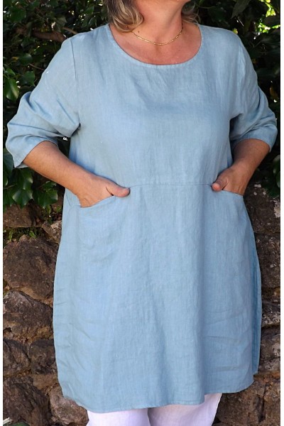 Tunique lin bleue vert lagon Emma et pantalon Gabriel