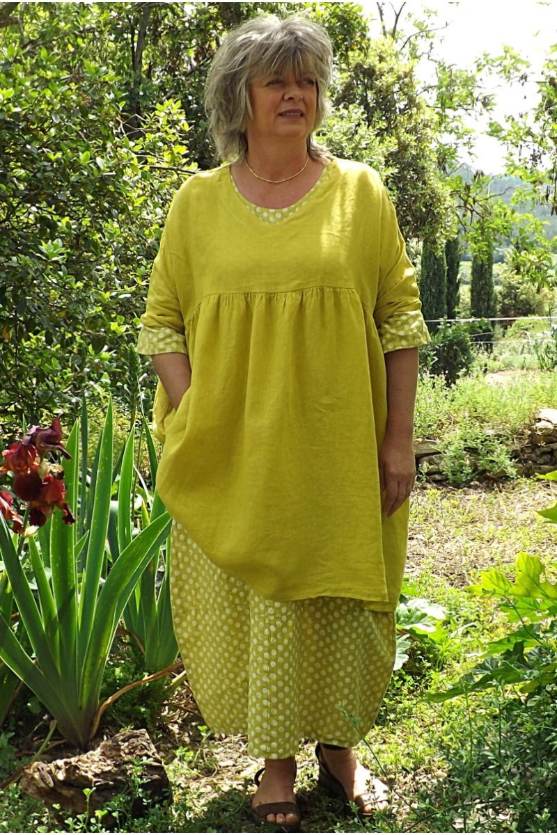 Tunique lin grande taille jaune génépi Marinette et robe lin Diane