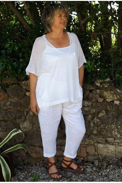 Top maille légère blanc Barbara et pantalon lin Gabriel