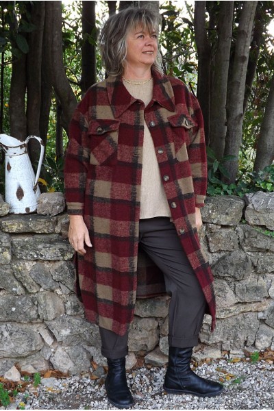 Manteau lainage à carreaux bordeaux Simon