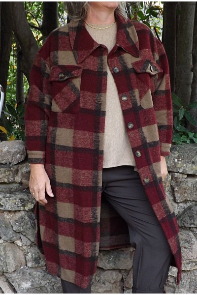 Manteau lainage à carreaux bordeaux Simon