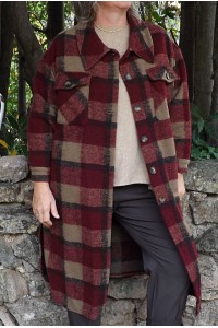 Manteau lainage à carreaux bordeaux Simon
