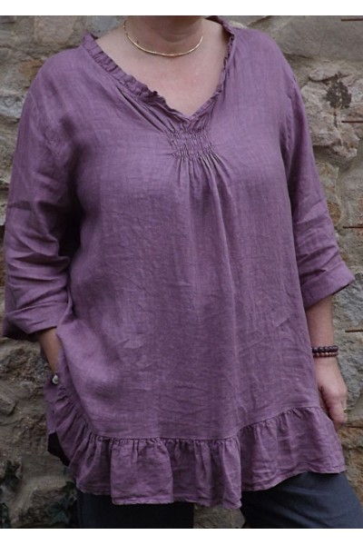 Tunique lin grande taille pourpre Mélanie et pantalon lin Gabriel.