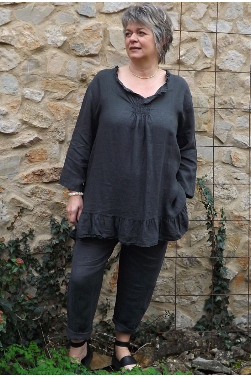 Tunique lin grande taille Mélanie anthracite et pantalon lin Gabriel Tunique lin grande taille Mélanie anthracite et pantalon lin Gabriel